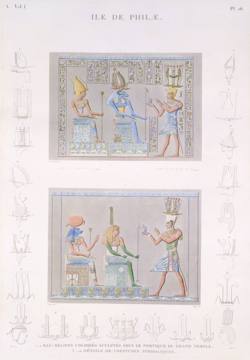 Fargede bunnrelieffer skulpturert på portikken til Det store tempelet med detaljer om symbolene, øya Philae, plate 16 fra bind I av 
