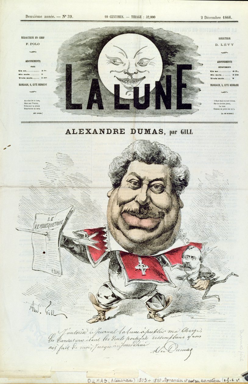 Karikatur av Alexandre Dumas pere (1803-70) som en musketer, fra forsiden av magasinet 