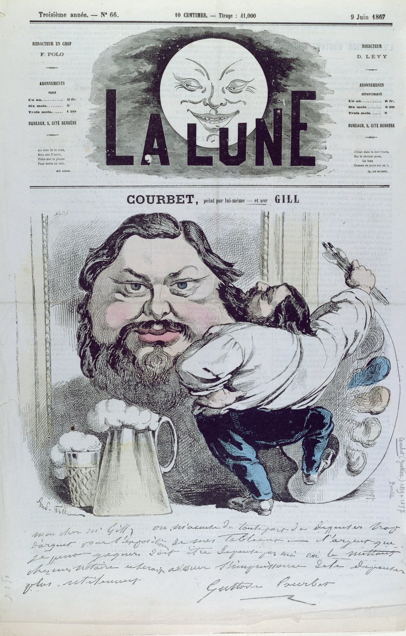 Gustave Courbet (1819-77) foran sitt selvportrett, forsideillustrasjon fra 'La Lune' magazine, 9. juni 1867 av Andre Gill