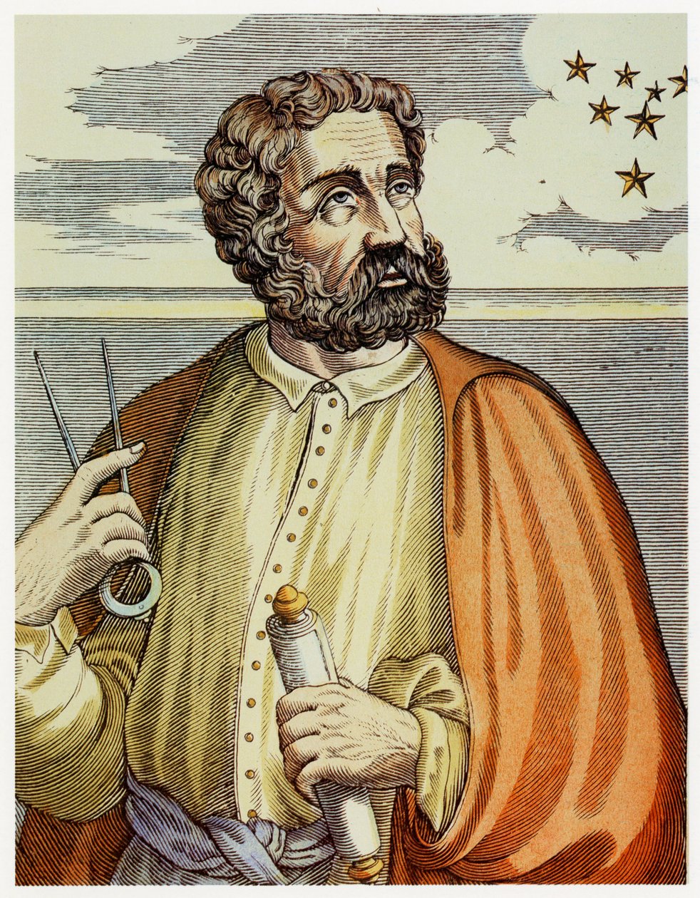 Portrett av Ferdinand Magellan (1480 - 1521) med navigasjonsinstrumenter. (farge litho.) av Andre Thevet