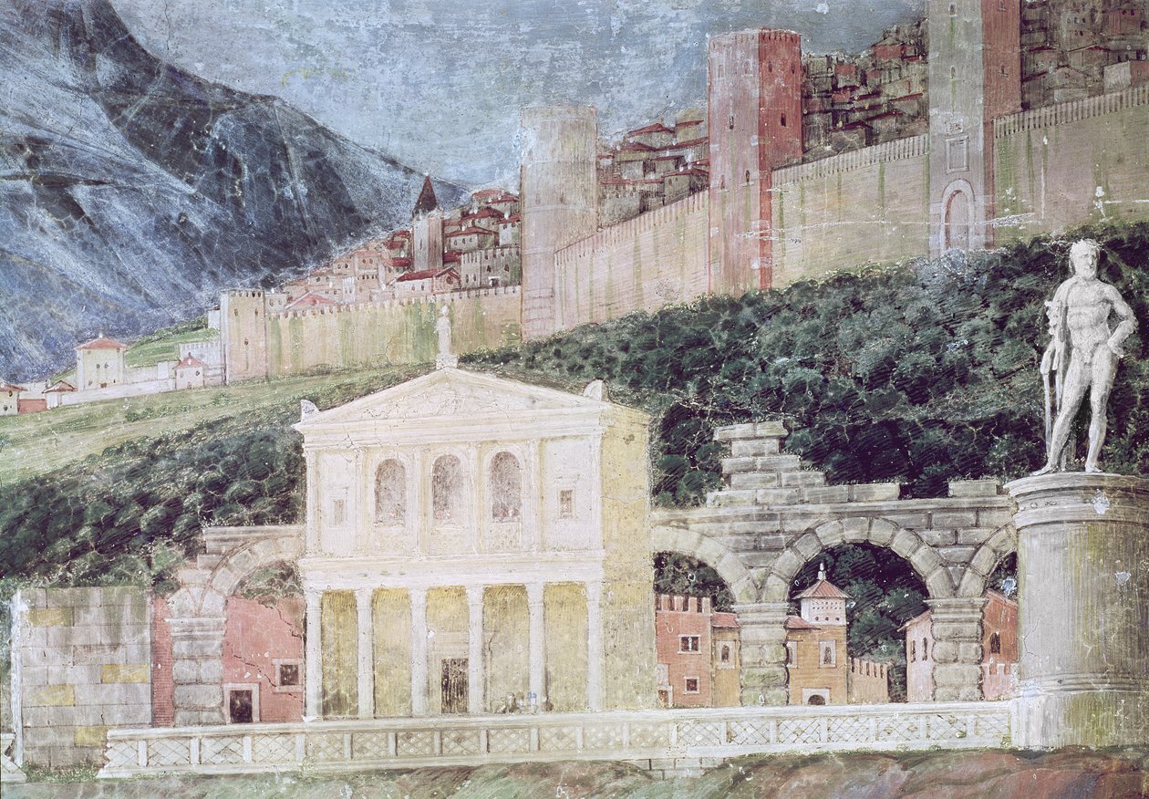 Ankomsten til kardinal Francesco Gonzaga, detalj av bakgrunnen som viser en idealisert utsikt over Roma, ca. 1465-74 (detalj av 78457, 78449) av Andrea Mantegna