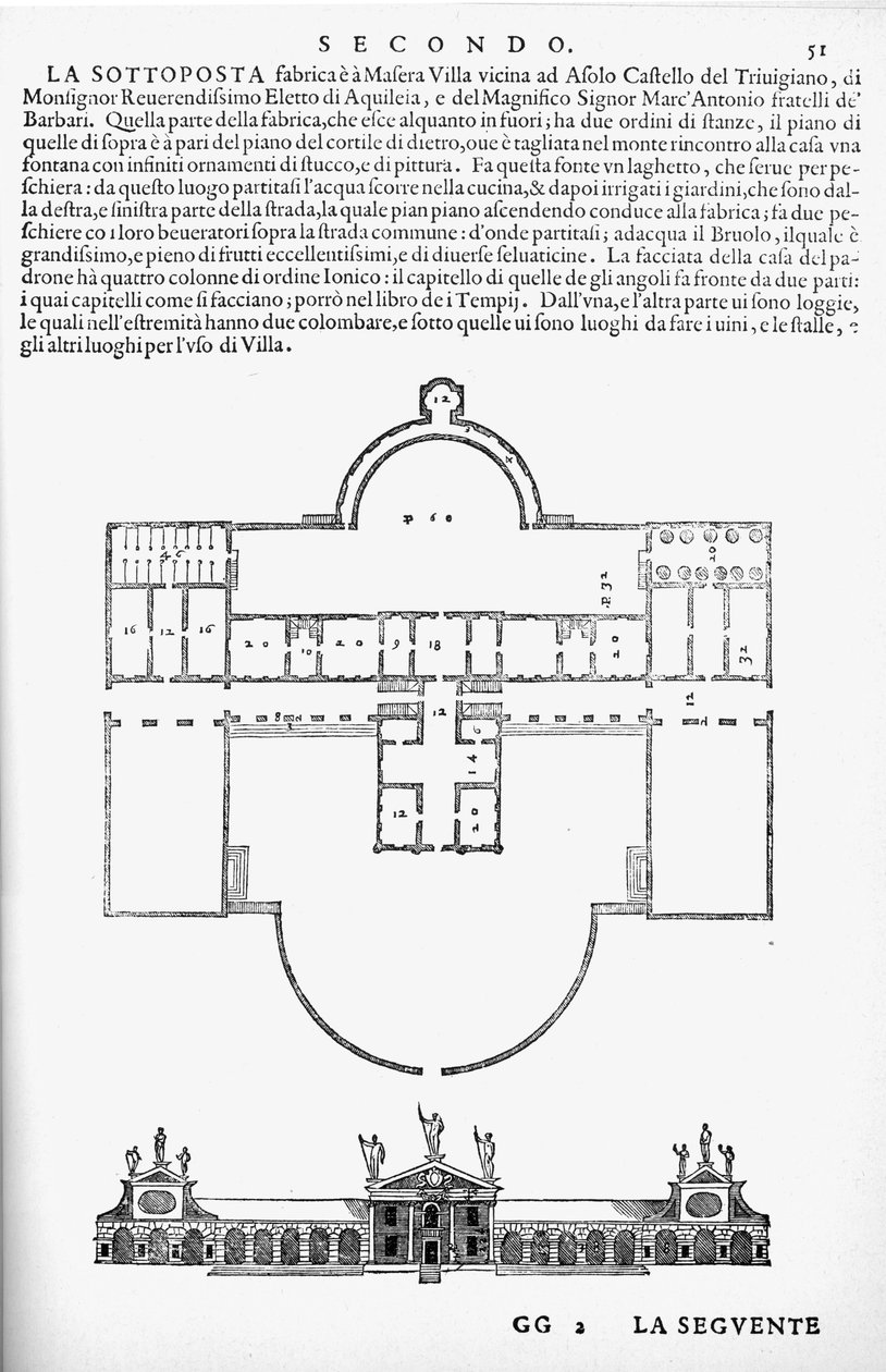 Plan og høyde av Villa Barbaro, Maser, illustrasjon fra en faksimilekopi av 