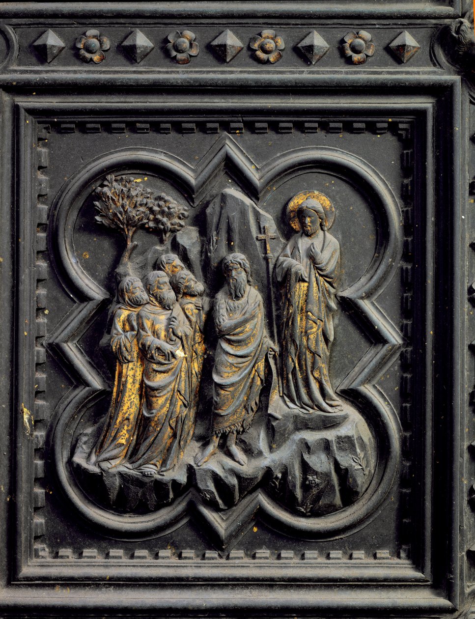 Døperen Johannes kunngjør Kristus, åttende panel av sørdørene til dåpskapellet i San Giovanni, 1336 (bronse) av Andrea Pisano