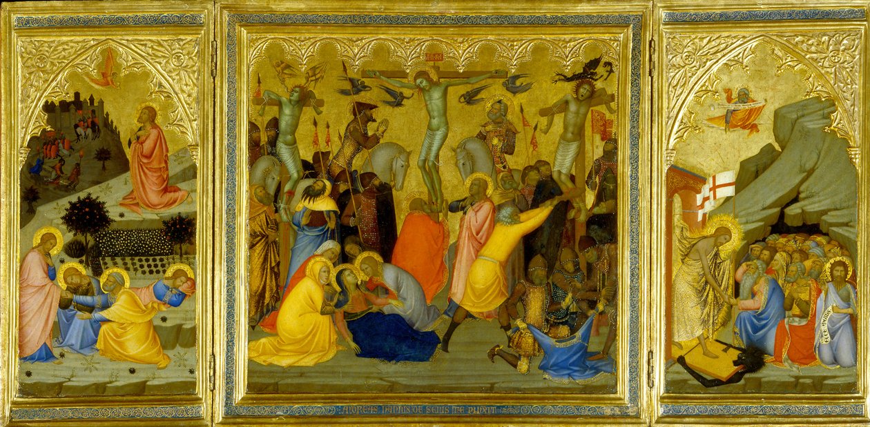 A Triptych: Agony in the Garden, The Crucifixion, and the Raising the Patriarchs and Prophets from the Dead (egg tempera og gullblad på trepanel) av Andrea Vanni