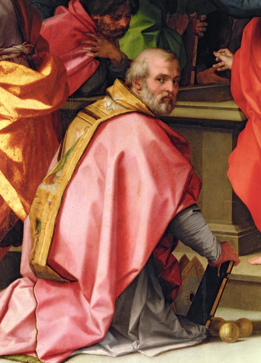The Assumption of Mary, detalj som viser St. Nicholas of Myra med 3 gylne kuler (altertavle) av Andrea del Sarto