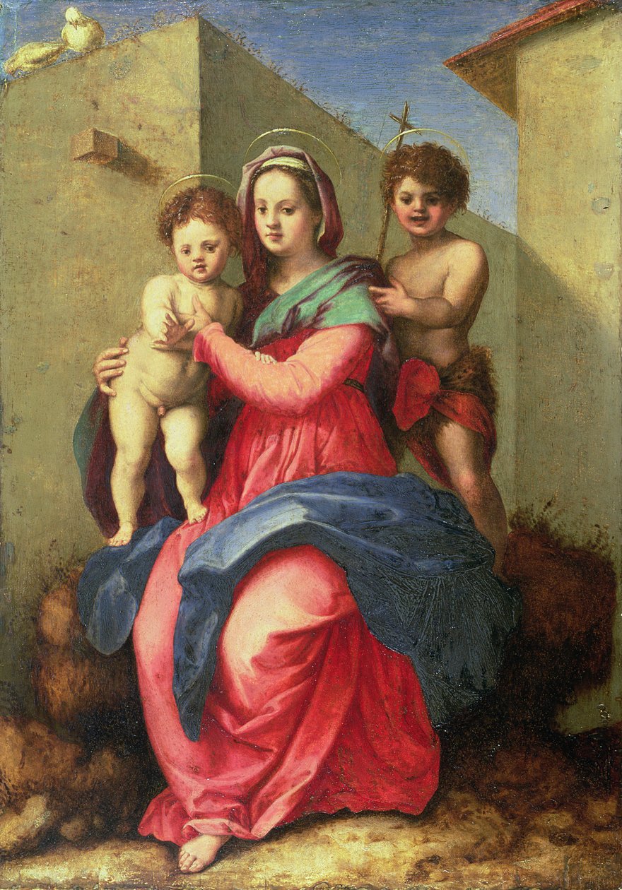 Madonnaen og barnet med spedbarnet St. John (panel) av Andrea del Sarto