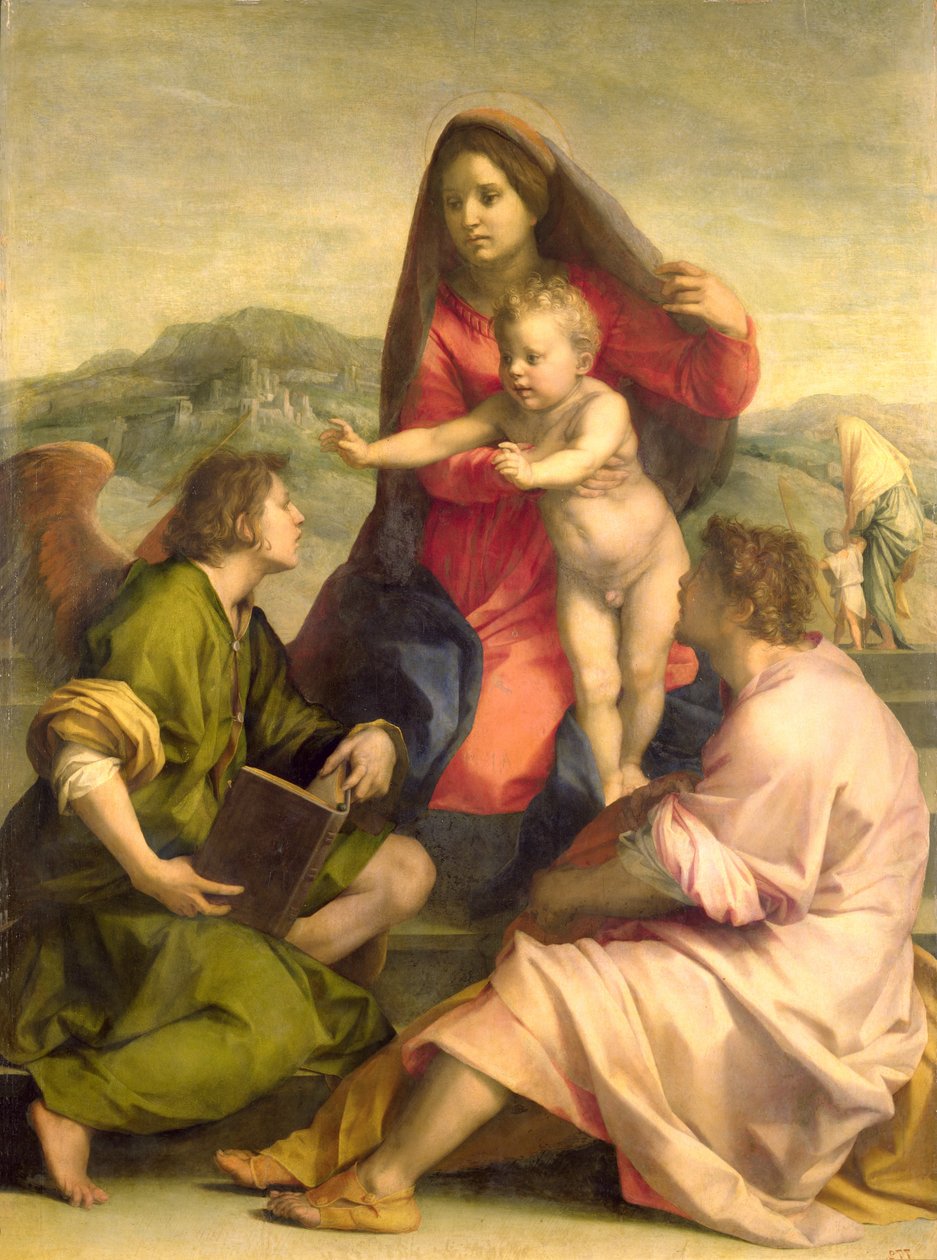 Jomfruen og barnet med en helgen og en engel, ca. 1522-23 (olje) av Andrea del Sarto