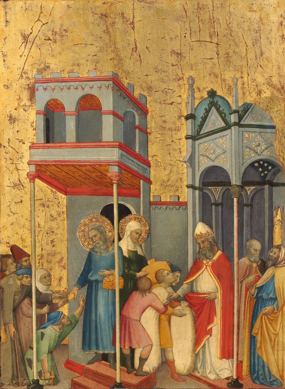 Joachim og Anna gir mat til de fattige og ofringer til tempelet, ca. 1400-5 (tempera på poppelpanel) av Andrea di Bartolo
