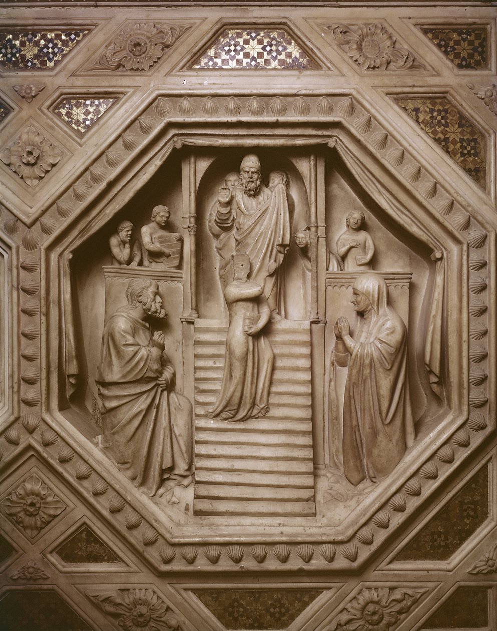 Presentasjon av jomfruen i tempelet, detalj fra bunnen av tabernaklet, 1349-59 (marmor) av Andrea di Cione Orcagna