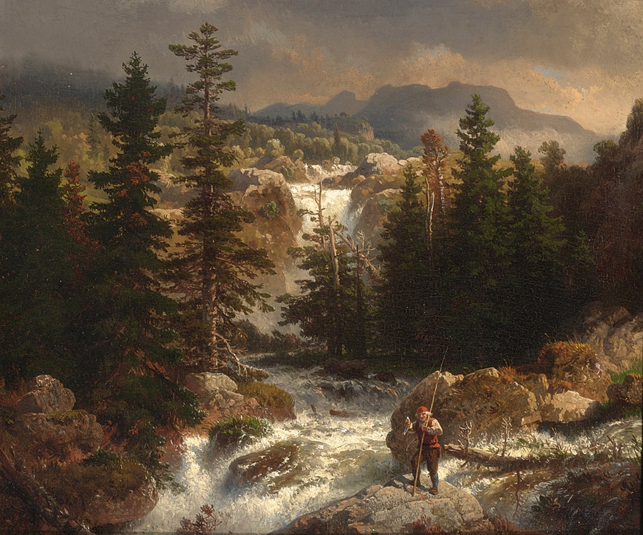 En fisker inspiserer fangsten på en strøm av Andreas Achenbach