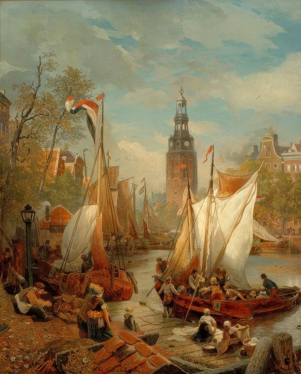 Havnescene i Amsterdam (nederlandsk strandbilde) av Andreas Achenbach