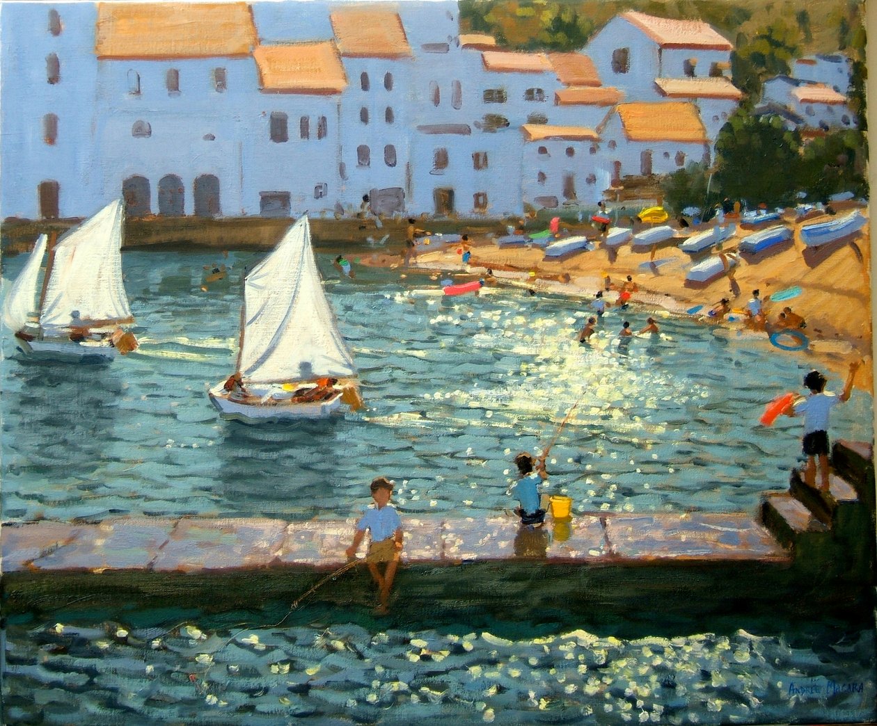 Seilbåter, Cadaques, Costa Brava, 2013, (olje på lerret) av Andrew Macara