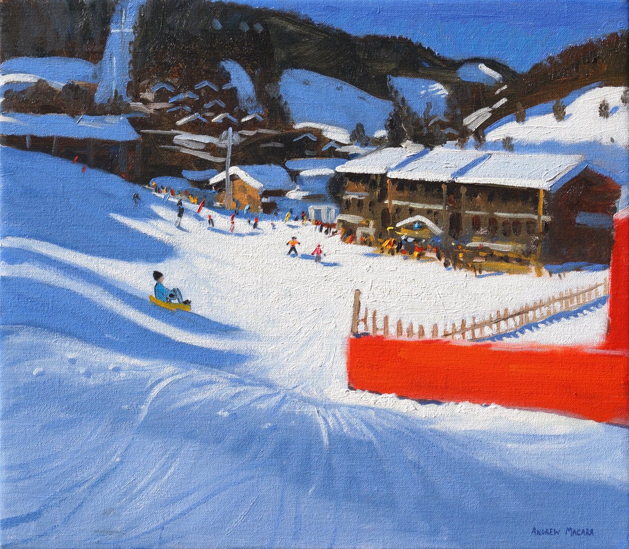 Ski; La Clusaz, Frankrike, (olje på lerret) av Andrew Macara