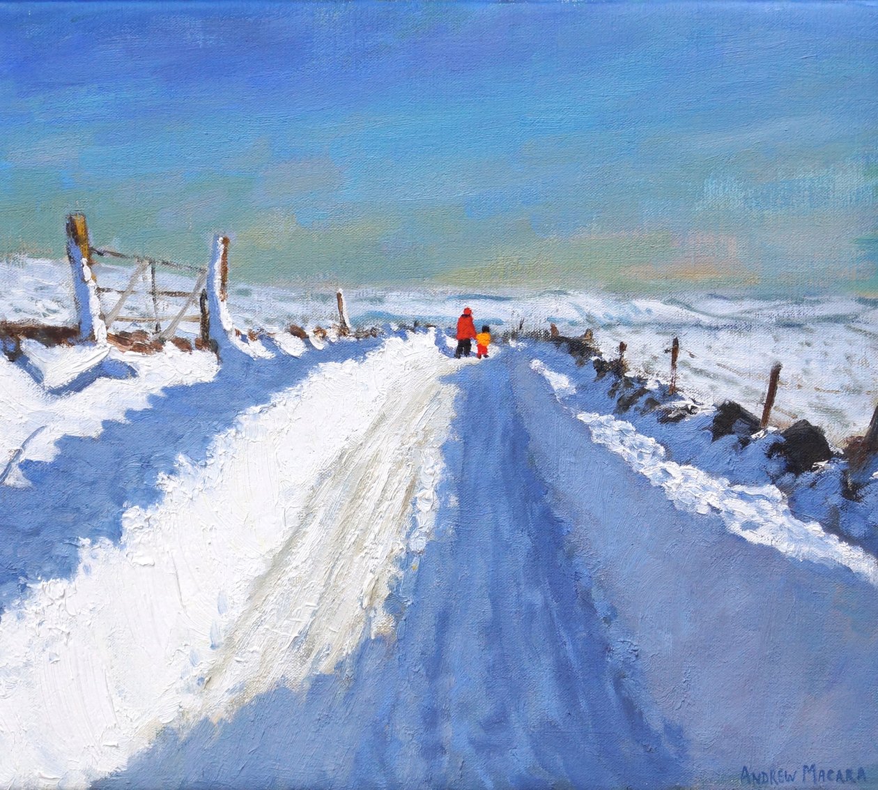 Snøpløyd vei, Derbyshire Peak District, 2019, (olje på lerret) av Andrew Macara
