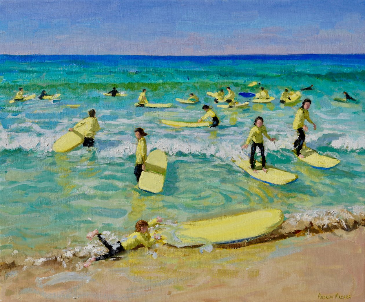 Sommersurfing, St Ives. 25x30",2019 (olje på lerret) av Andrew Macara