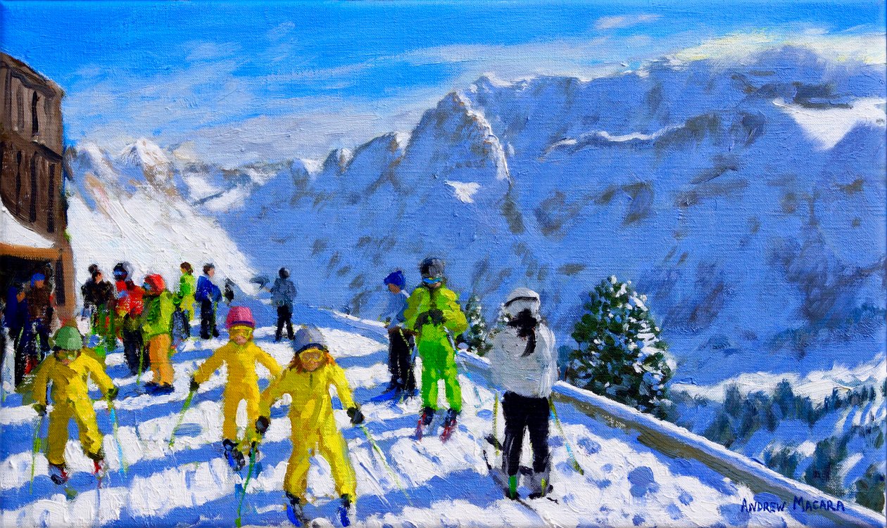 Unge skiløpere i gult, Val Gardena Italia.12x20 av Andrew Macara