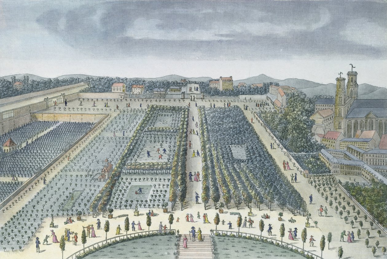 General View of Luxembourg Gardens i Paris, 1810, gravert av J.B. Chapuis (akvatint) av Angelo Garbizza
