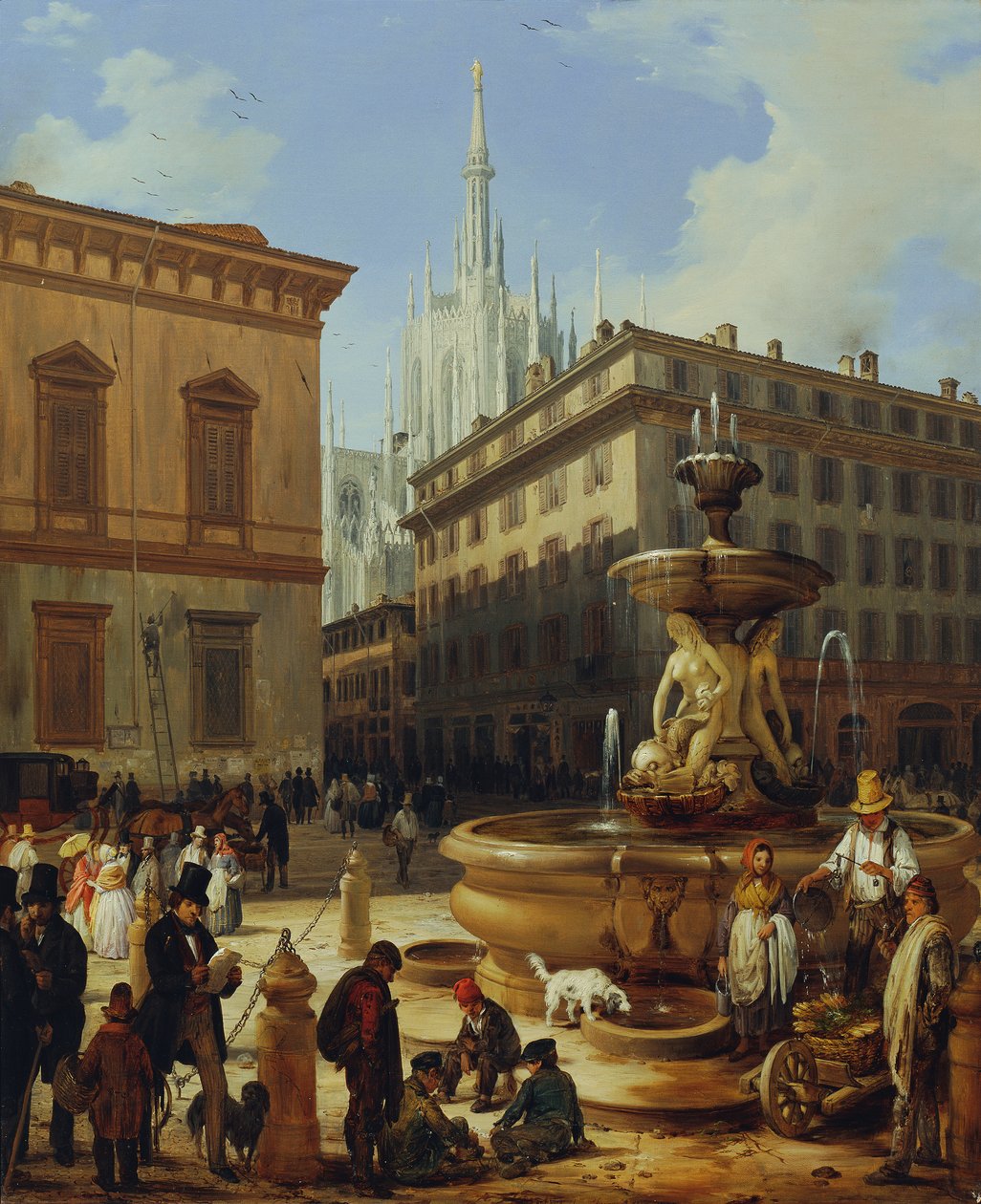Gateutsikt fra Milano, i bakgrunnen Duomo av Angelo Inganni