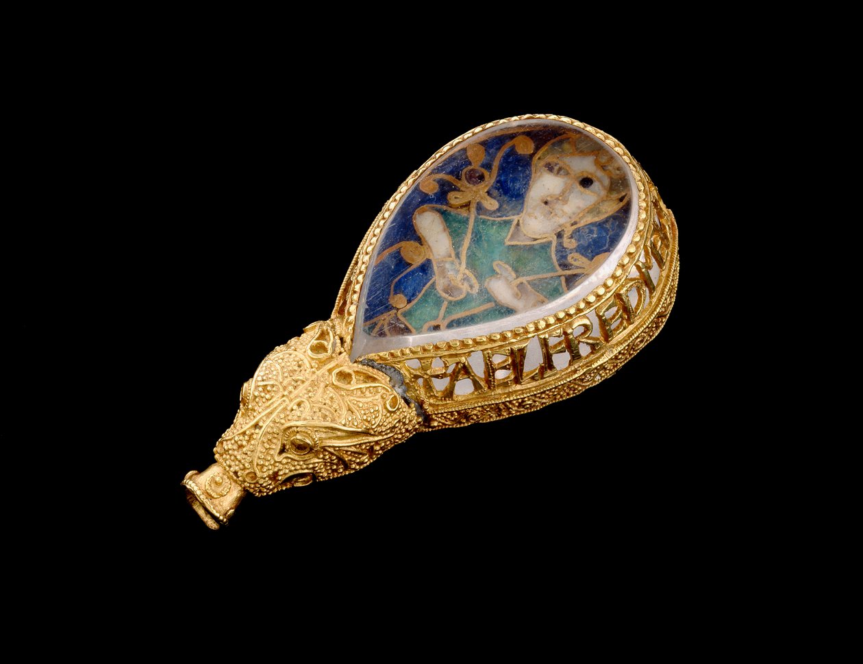 Alfred Jewel (gull, bergkrystall og emalje) (sett fra siden) av Anglo Saxon