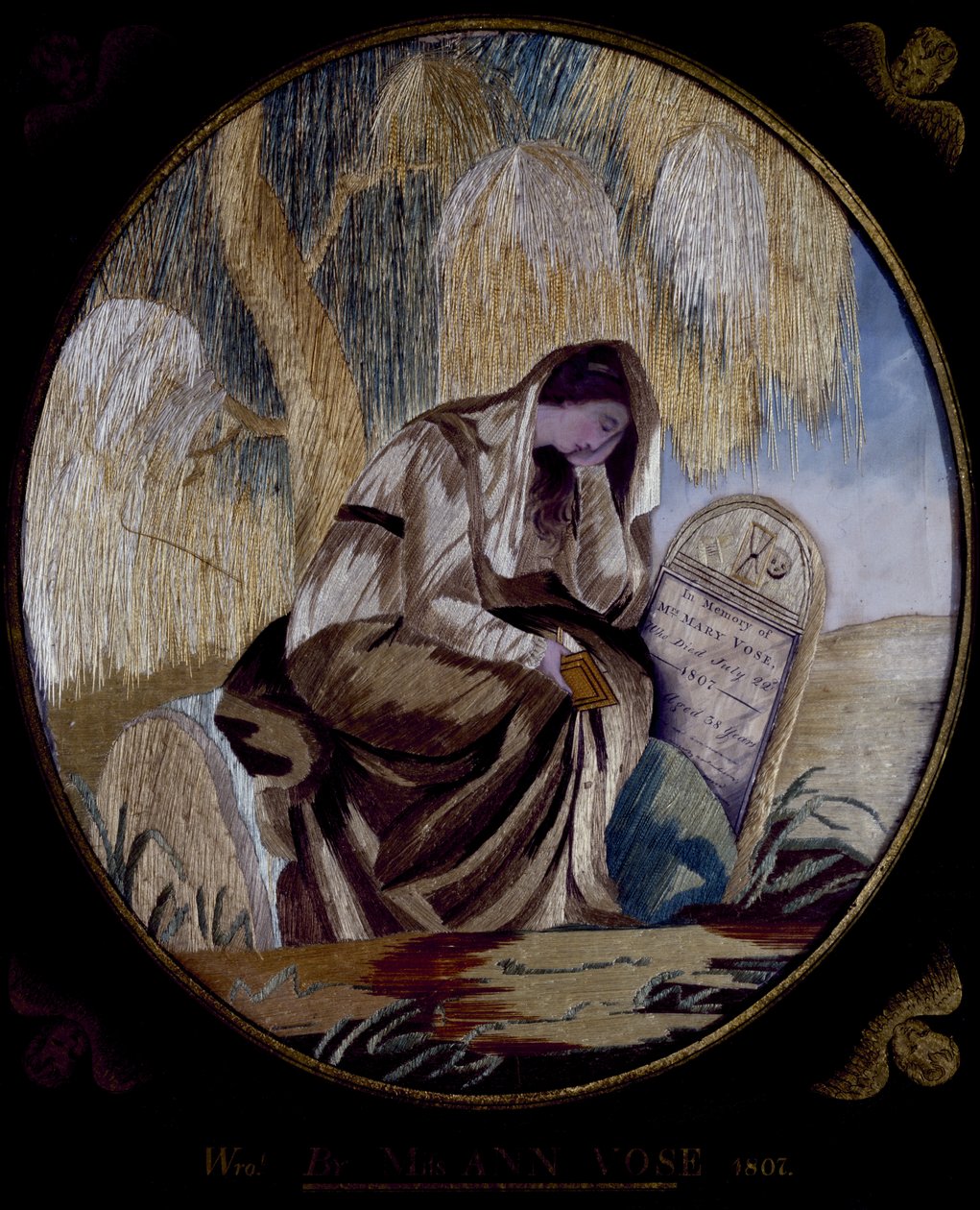 Memorial Brodered Picture, 1807 (silke, påført papir, akvarell og blekk) av Ann Vose