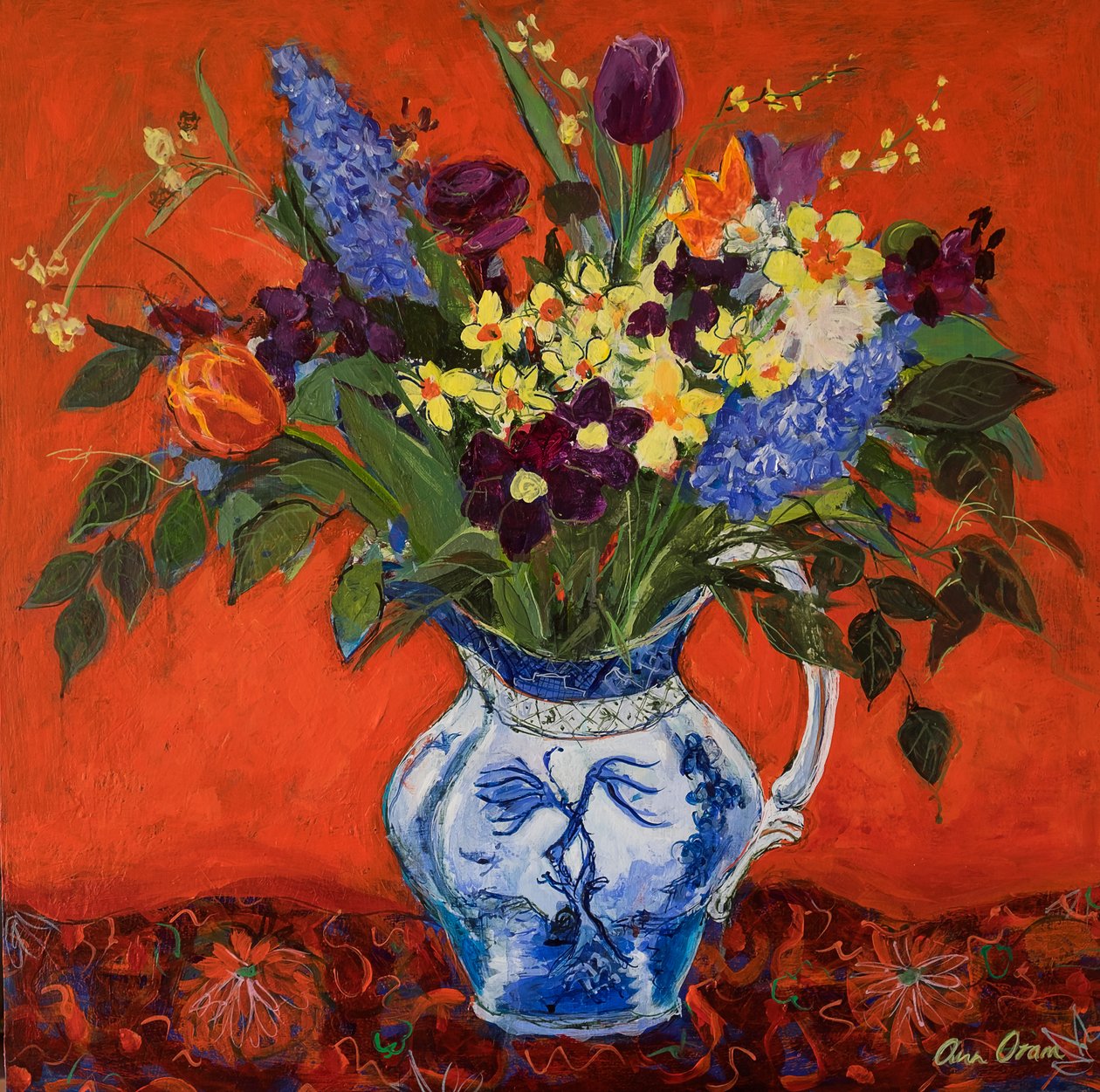 Vårblomster på rødt, 2017 (akryl) av Ann Oram