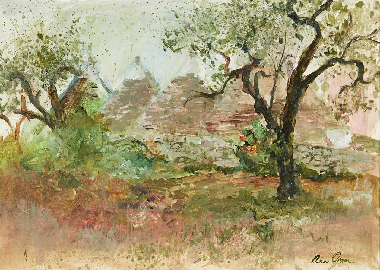 Trulli og oliventre (akvarell og gouache) av Ann Oram