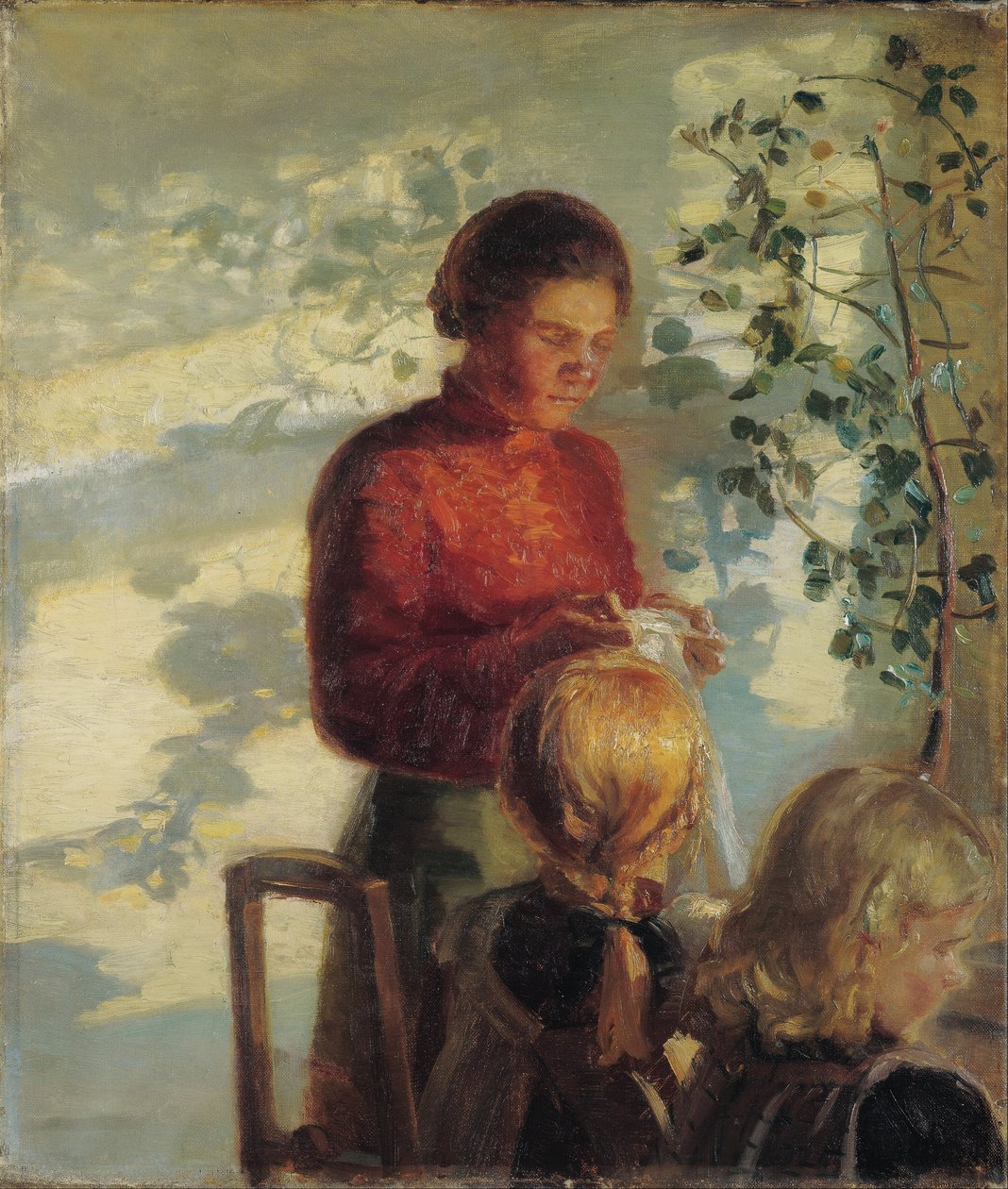 To små jenter blir lært å sy av Anna Ancher