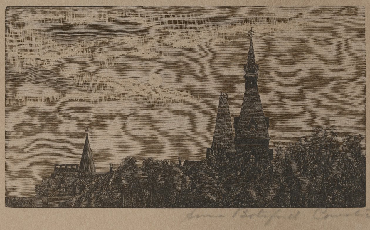 Steeples in the Moonlight (gravering) av Anna Botsford Comstock