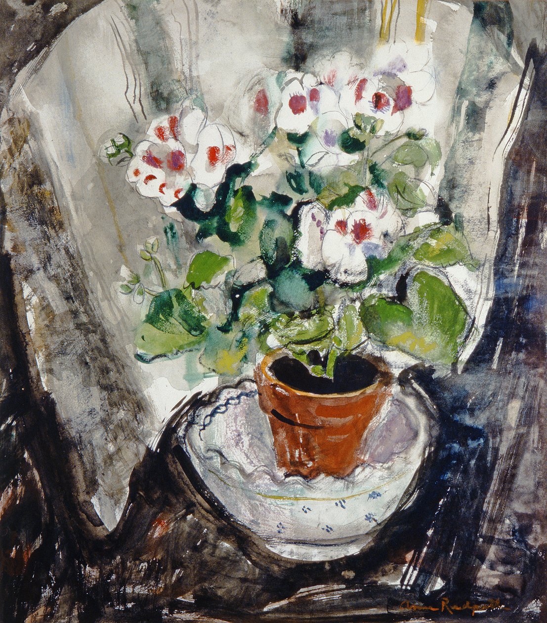 Pelargonium (akvarell på papir) av Anne Redpath