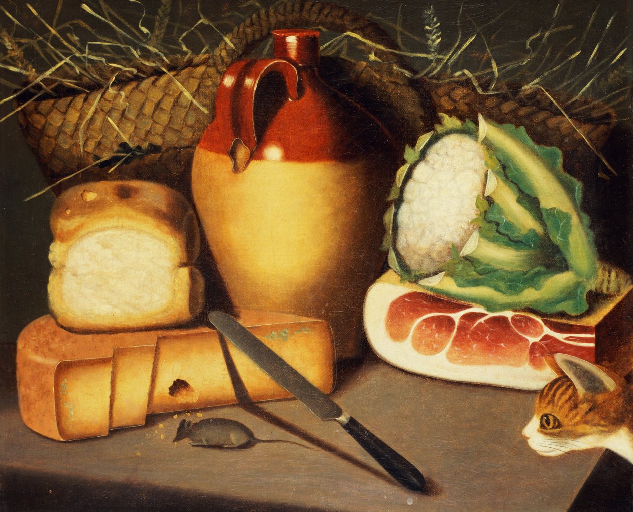 Katt, mus, bacon og ost, ca. 1820 av Unbekannt Unbekannt
