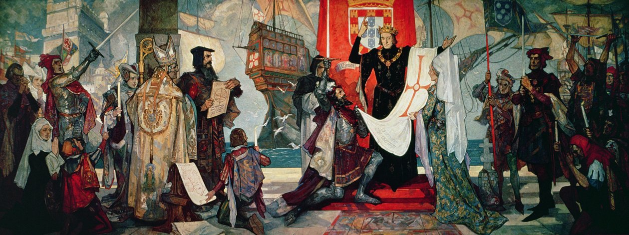 Avreise til Kapp, kong Manuel I av Portugal velsigner Vasco da Gama og hans ekspedisjon, ca. 1935 av Unbekannt Unbekannt