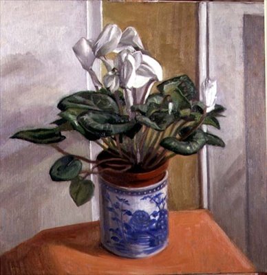 Hvit Cyclamen i en blå vase av Anonymous