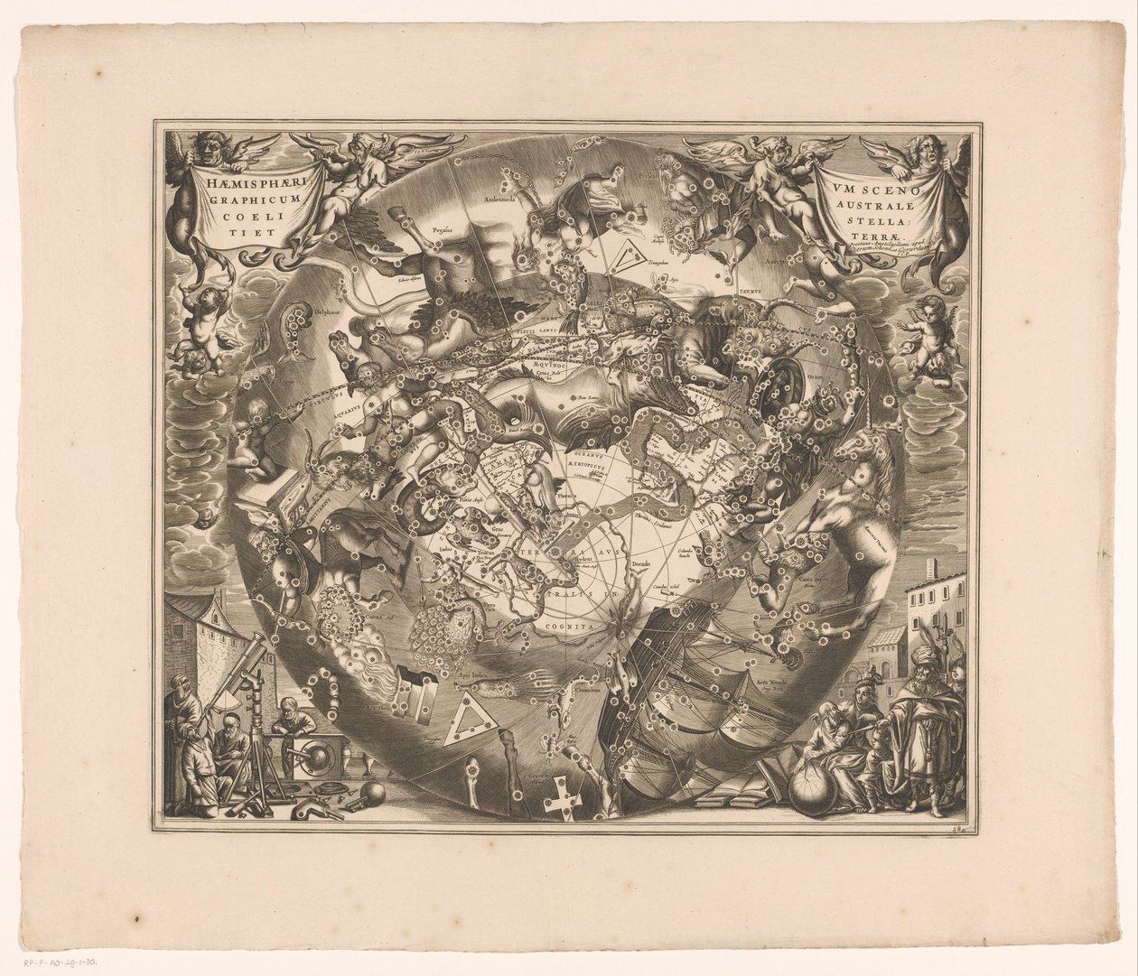 Himmelkart med de sørlige stjernebildene Haemisphaerium scenographicum australe coeli stellati et terrae (tittel på objekt) av Anonymous