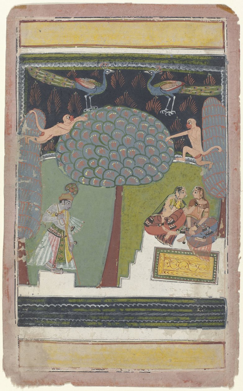 Krishna og to kvinner i en hage av Anonymous