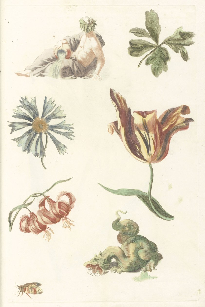 Elvegud, en drage og fire blomster av Anonymous