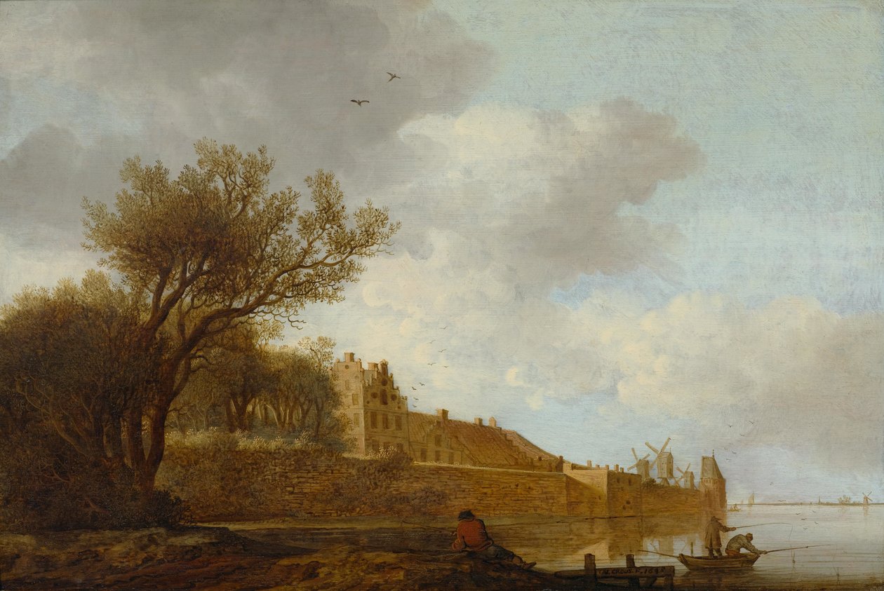 Estuary med fiskere foran en by av Anthonie Jansz. van der Croos  