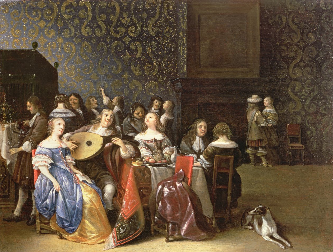 Elegant selskapsglede i et interiør (panel) av Anthonie Palamedesz