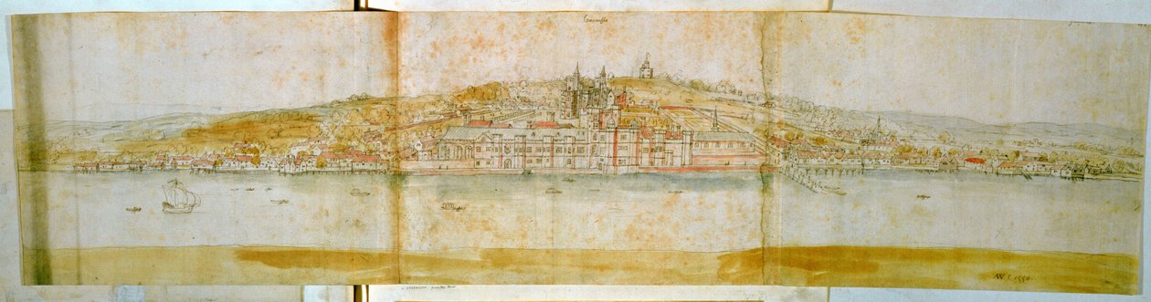 Greenwich Palace fra North Bank of Themsen, ca. 1544 (penn og blekk og wc på papir) av Anthonis van den Wyngaerde