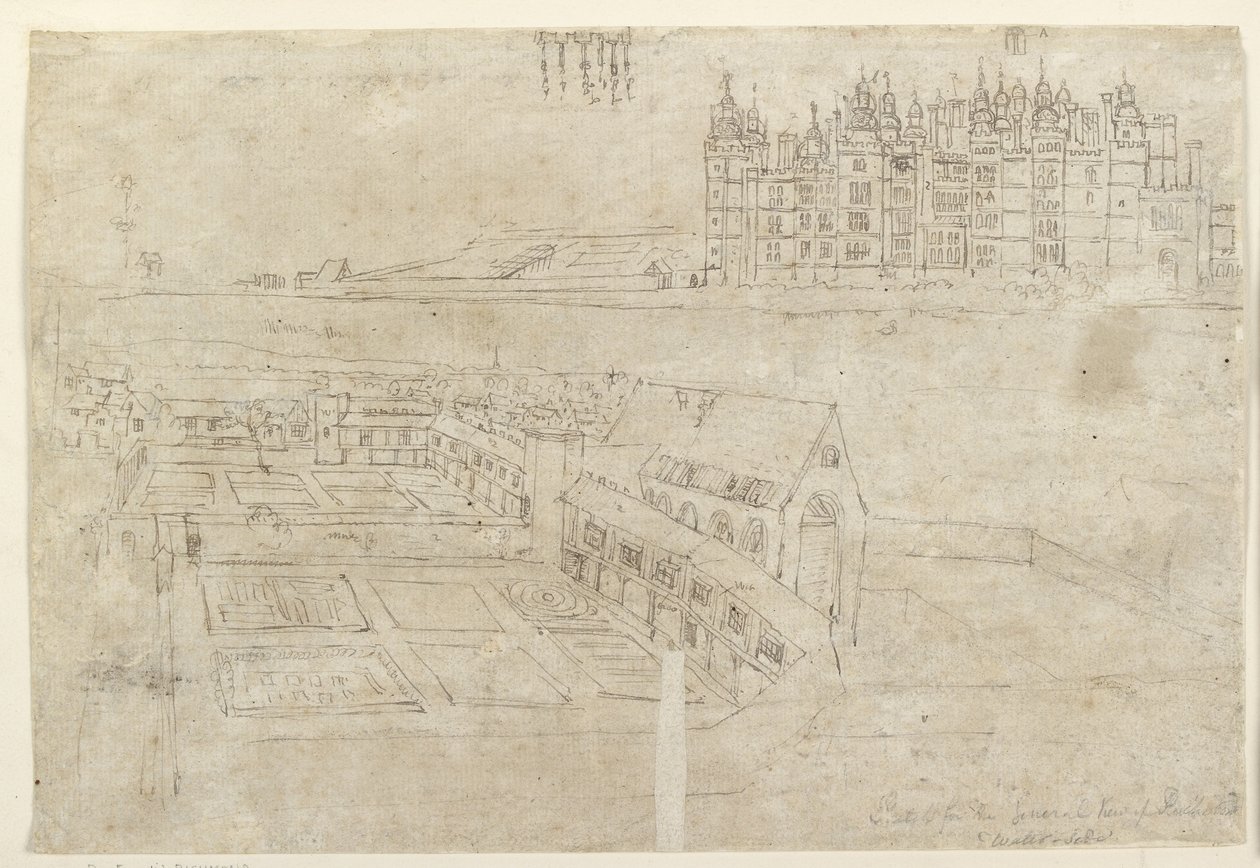 Recto: The River Front of Richmond Palace and Privy Gardens (penn og brunt blekk over svake indikasjoner i svart kritt) av Anthonis van den Wyngaerde
