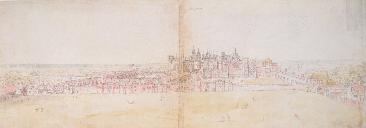 Richmond Palace fra nordøst, 1500-tallet (penn og blekk og wc på papir) av Anthonis van den Wyngaerde
