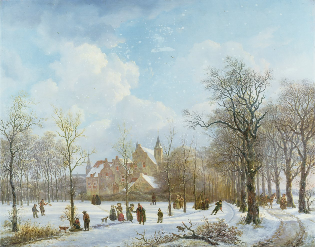 Skatere i et vinterlandskap, 1830 (panel) av Anthony Jacob Offermans