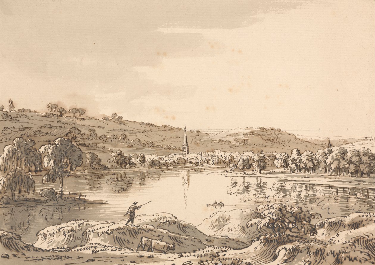 Landsby sett fra over en innsjø av Anthony Devis