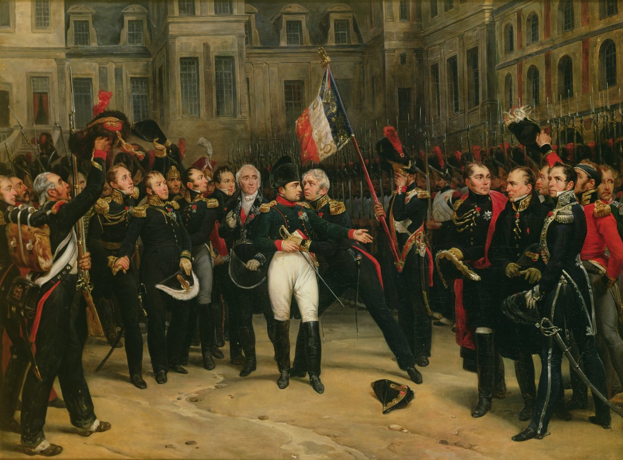 Napoleon I (1769-1821) tok farvel med den keiserlige garde i Cheval-Blanc gårdsplassen ved Chateau de Fontainebleau, 20. april 1814, 1825 av Antoine Alphonse Montfort
