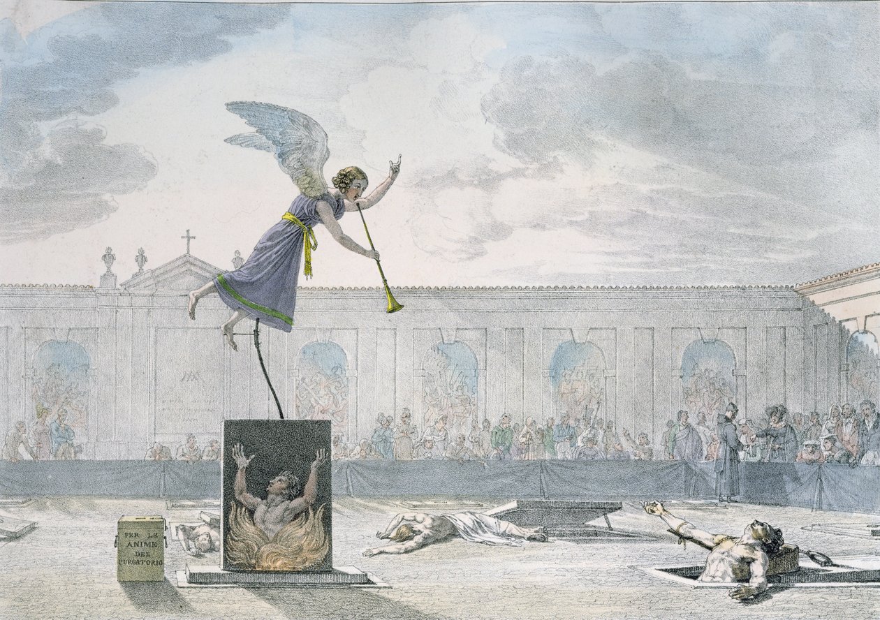 Dramatisering av skjærsilden, gravert av Francois Alexandre Villain (1798-1884) ca. 1820-30 av Antoine Jean Baptiste Thomas