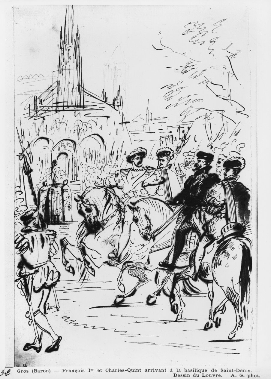 Francis I og Charles V ankommer Abbey Church of Saint-Denis, ca. 1811 (penn og brunt blekk og grafitt på papir) av Antoine Jean Gros