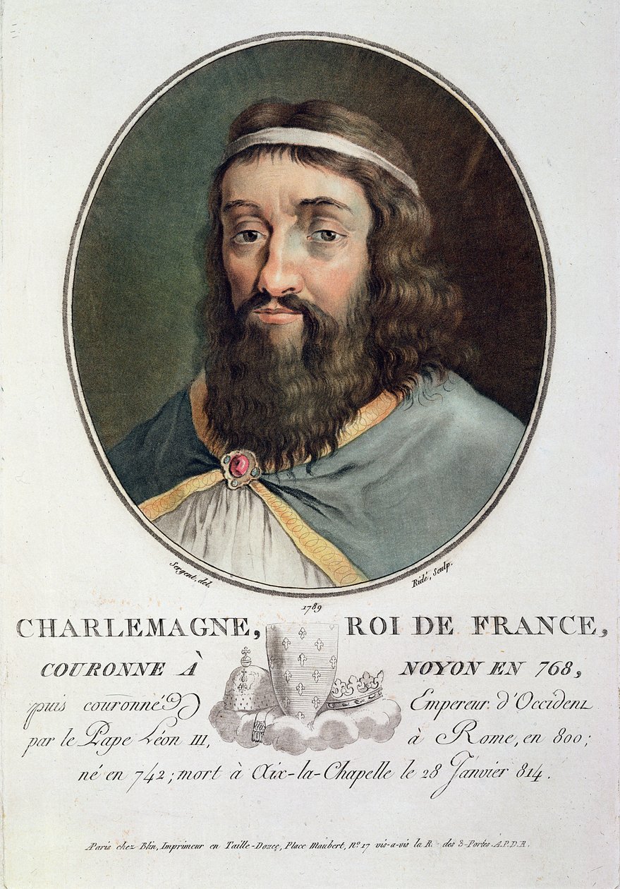 Charlemagne (747-814), konge av Frankrike, gravert av Ride, 1789 av Antoine Louis Francois Sergent Marceau