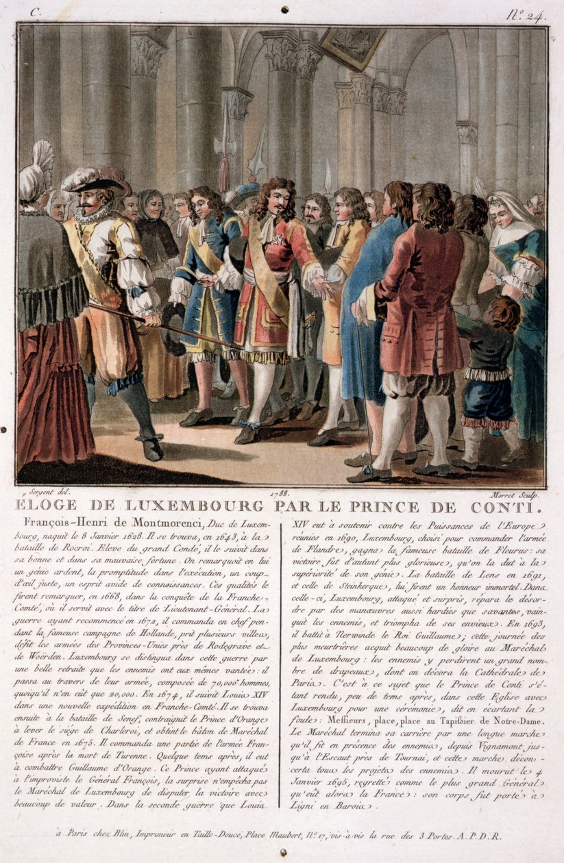 Prinsen de Conti (1664-1709) berømmer hertugen av Luxembourg (1628-95) etter hans seier i slaget ved Neerwinden (1693), gravert av Jean Baptiste Morret (fl.1790-1820), 1788 (farget gravering) av Antoine Louis Francois Sergent Marceau