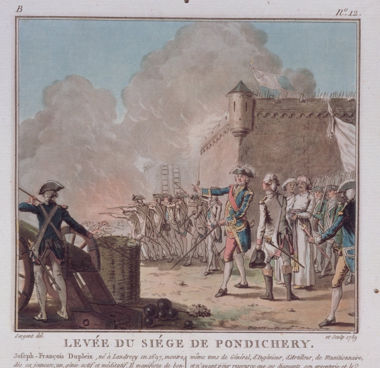 Løfting av beleiringen av Pondicherry, 1748, gravert 1789 av Antoine Louis Francois Sergent Marceau