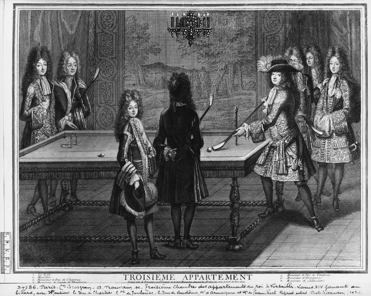 Louis XIV spiller biljard med sin bror, Monsieur, hans nevø hertugen de Chartres, hans sønn, Comte de Toulouse og andre slektninger og hoffmenn, hertugen de Vendome, Monsieur d
