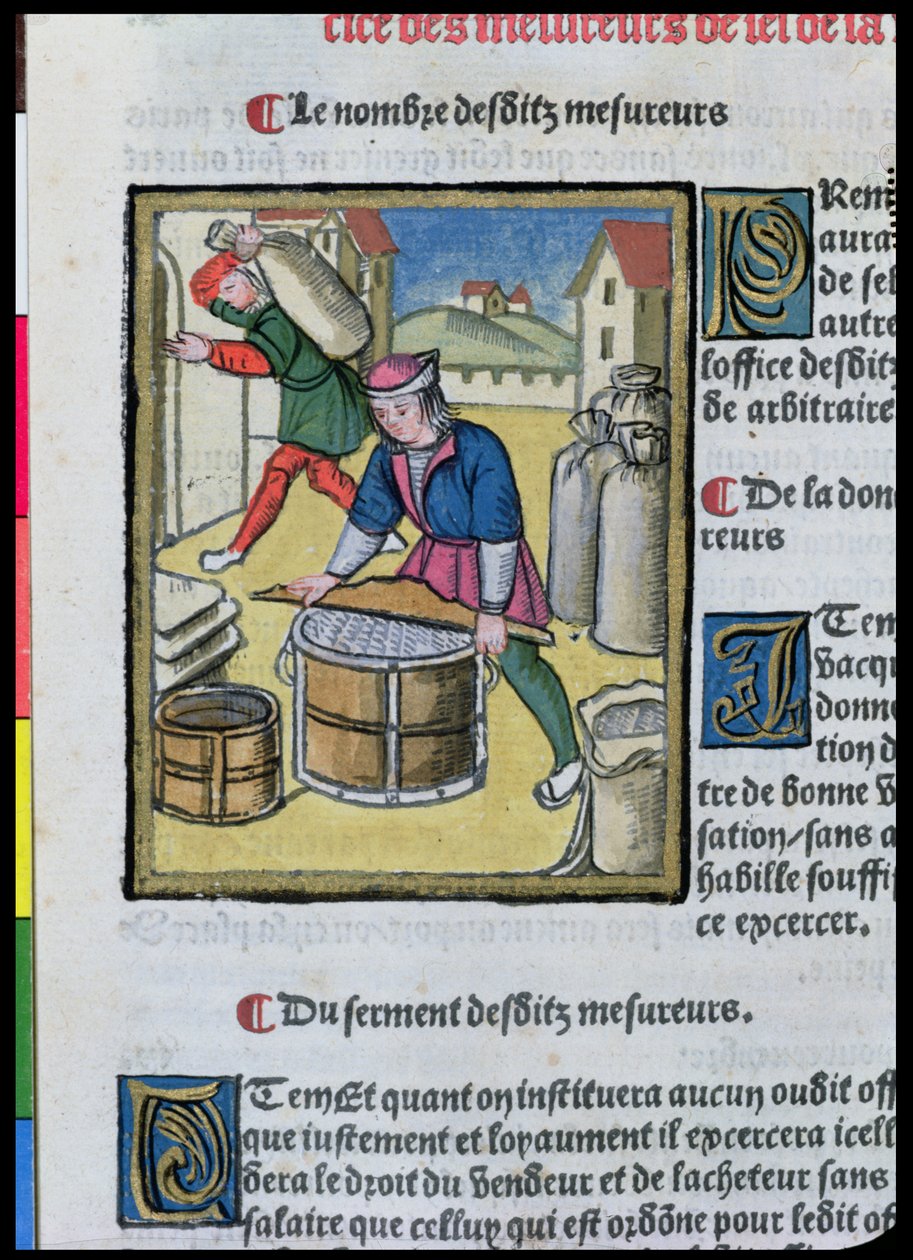 Måling av salt, fra 'Ordonnances Royaux de la Juridiction de la Prevote des Marchands de la Ville de Paris', 1528 (wc und gouache på papir) av Antoine Verard